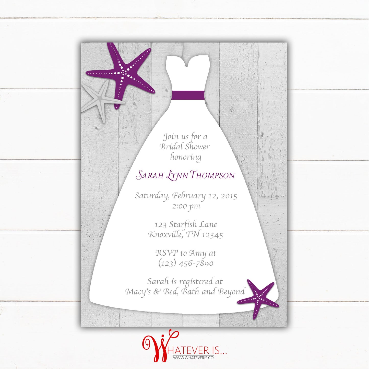 Plum Starfish Wedding Dress Bridal Shower Invitation | Beach Bridal Shower | Nautical Bridal Shower | Starfish Wedding Shower | WI001
