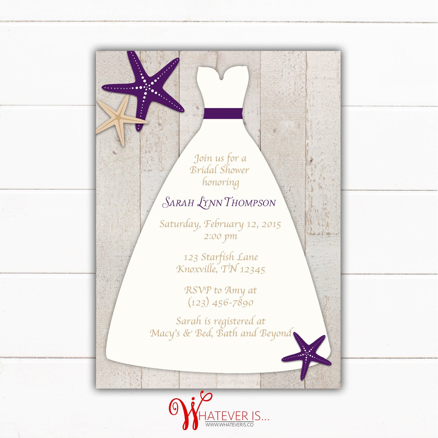 Purple Starfish Wedding Dress Bridal Shower Invitation | Beach Bridal Shower | Nautical Bridal Shower | Starfish Wedding Shower | Beach Wood