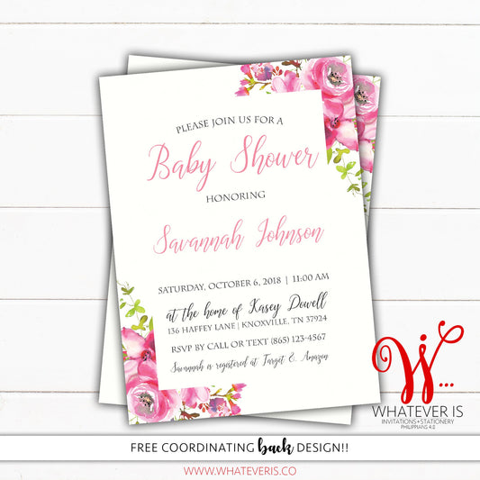 Pink Watercolor Floral Baby Shower Invitation | Pink Floral Baby Shower | Shabby Chic Floral Baby Shower Invitation | Girl Baby Shower