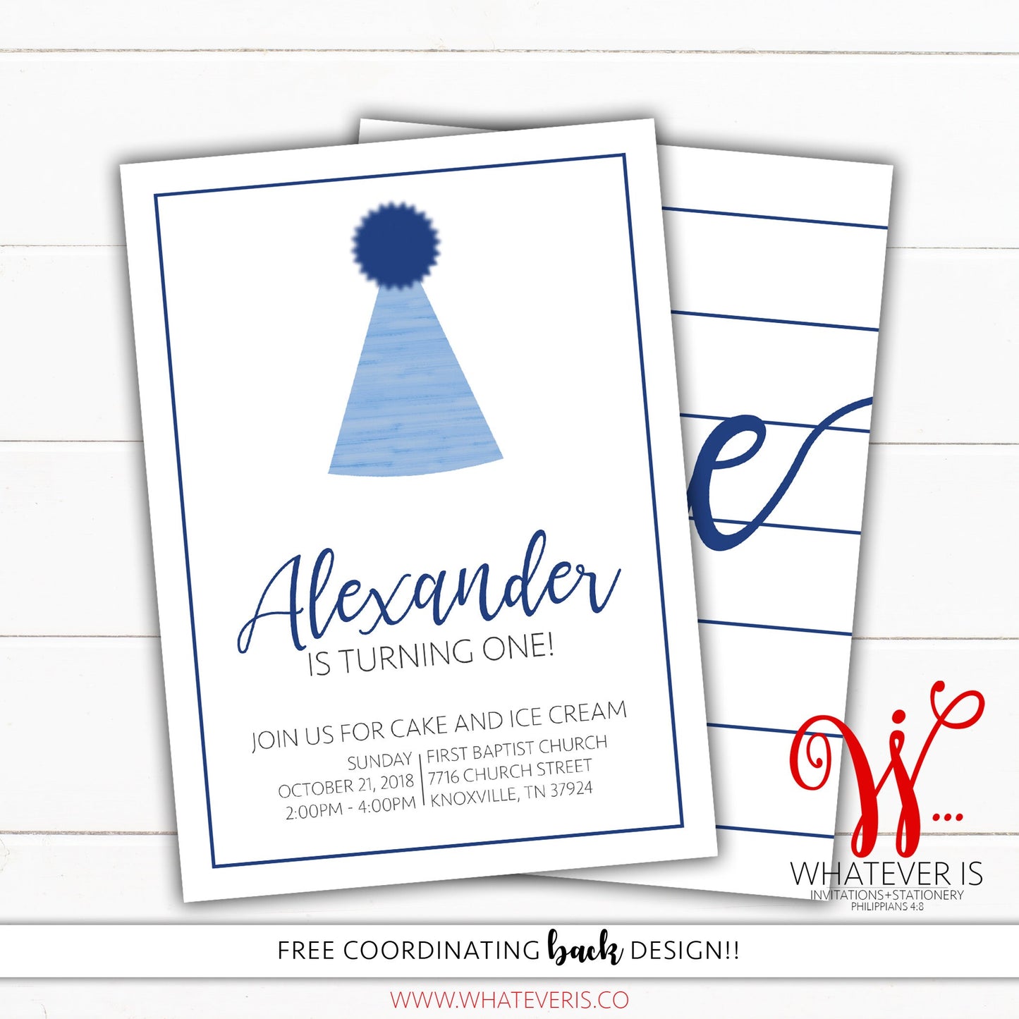 Simple Blue and White 1st Birthday Invitation | Birthday Hat Invitation | First Birthday | Blue Birthday Hat | Simple Blue | Simple Birthday