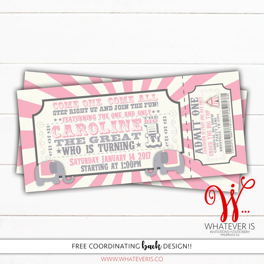 The One and Only Elephant Carnival Ticket Birthday Invitation | Girl Carnival Birthday | Circus Birthday | Elephant Birthday | Carnival