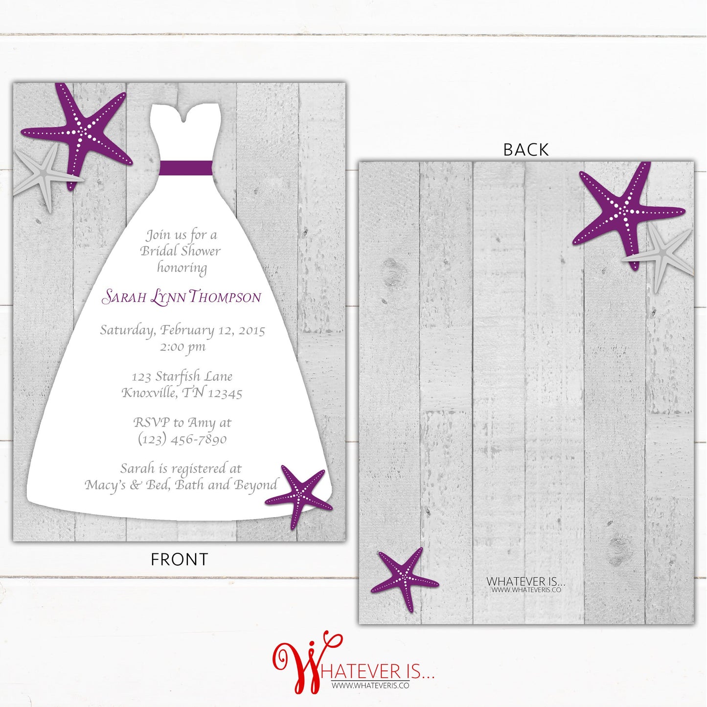Plum Starfish Wedding Dress Bridal Shower Invitation | Beach Bridal Shower | Nautical Bridal Shower | Starfish Wedding Shower | WI001