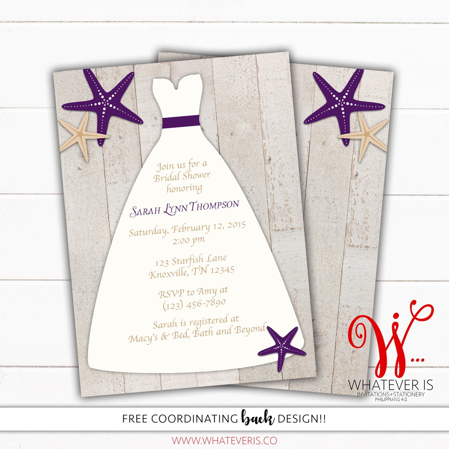 Purple Starfish Wedding Dress Bridal Shower Invitation | Beach Bridal Shower | Nautical Bridal Shower | Starfish Wedding Shower | Beach Wood