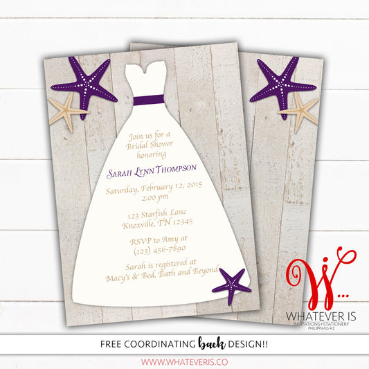 Purple Starfish Wedding Dress Bridal Shower Invitation | Beach Bridal Shower | Nautical Bridal Shower | Starfish Wedding Shower | Beach Wood
