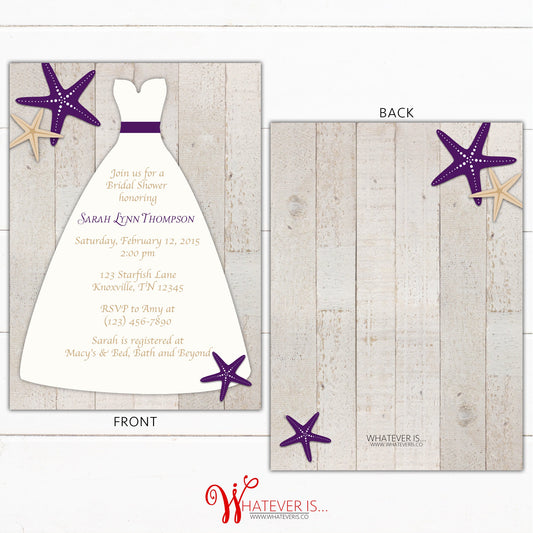 Purple Starfish Wedding Dress Bridal Shower Invitation | Beach Bridal Shower | Nautical Bridal Shower | Starfish Wedding Shower | Beach Wood
