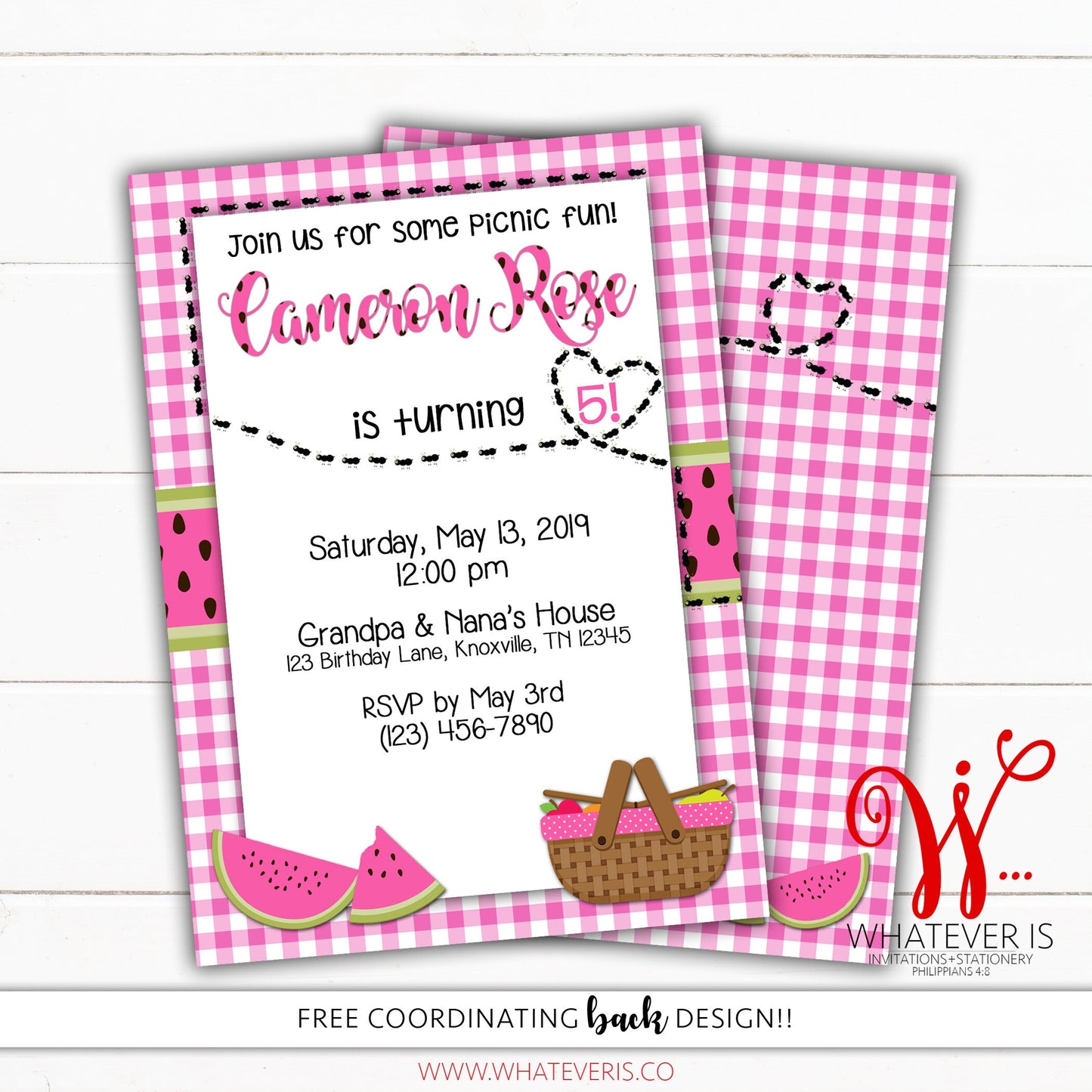 Pink Watermelon Picnic Birthday Printable Invitation | Picnic Birthday Party Invitation | Pink Watermelon Birthday Party Invitation | Ants