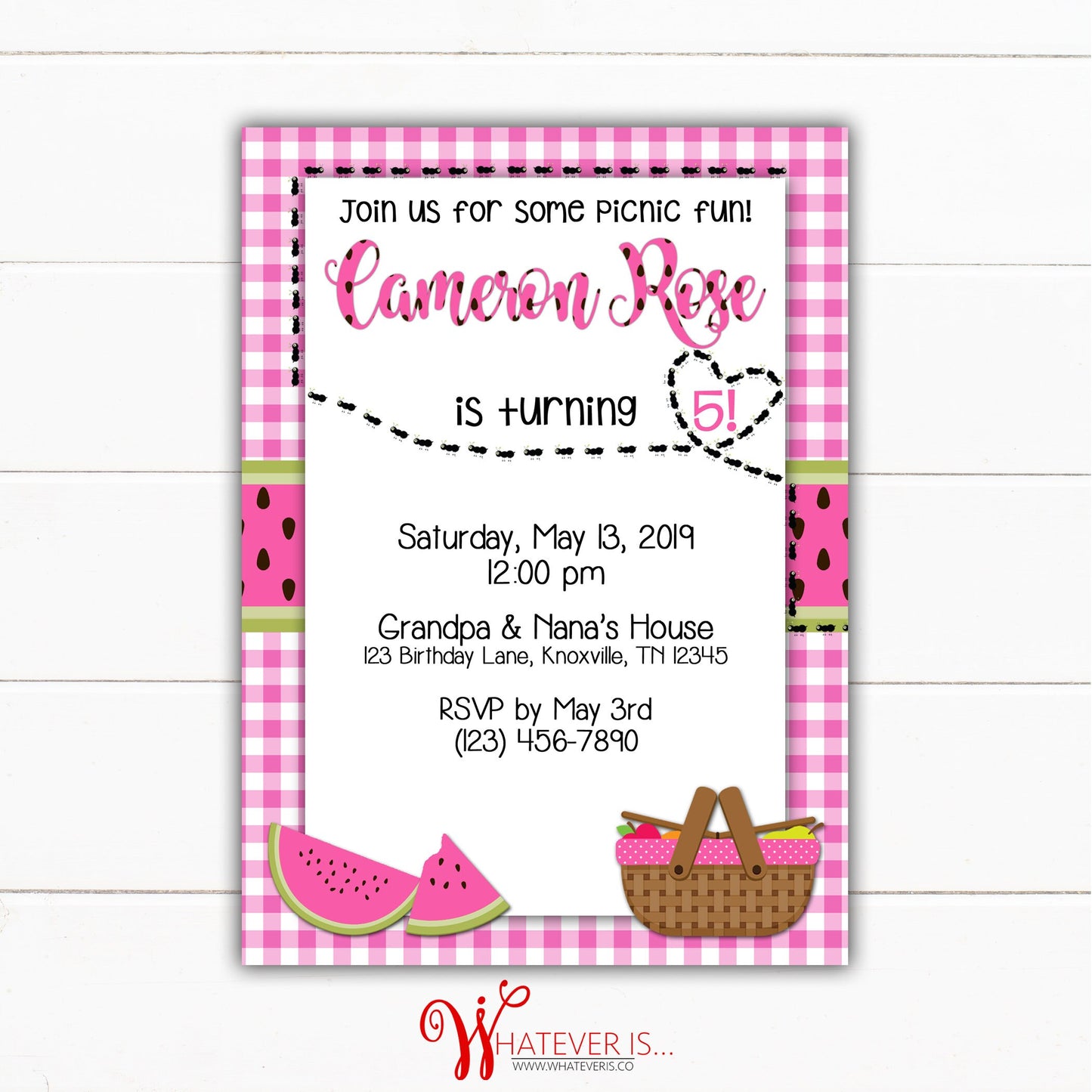 Pink Watermelon Picnic Birthday Printable Invitation | Picnic Birthday Party Invitation | Pink Watermelon Birthday Party Invitation | Ants