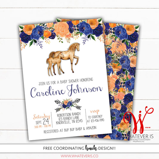 Orange and Blue Floral Horse Baby Shower Printable Invitation | Watercolor Floral Baby Shower | Horse Baby Shower | Printable Invitations