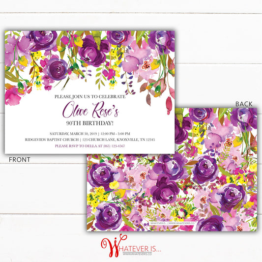 Purple and Yellow Floral Birthday Invitation | Watercolor Floral Birthday Invitation | Adult Floral Birthday Invitation | Purple and Yellow