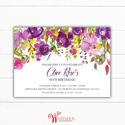 Purple and Yellow Floral Birthday Invitation | Watercolor Floral Birthday Invitation | Adult Floral Birthday Invitation | Purple and Yellow