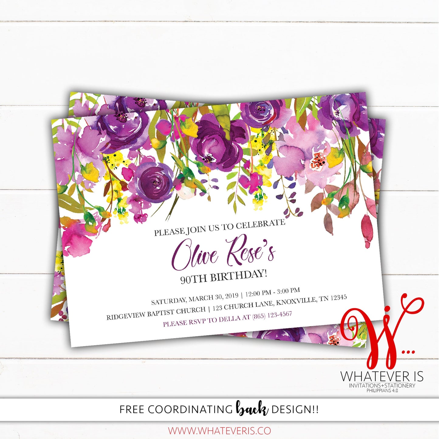 Purple and Yellow Floral Birthday Invitation | Watercolor Floral Birthday Invitation | Adult Floral Birthday Invitation | Purple and Yellow