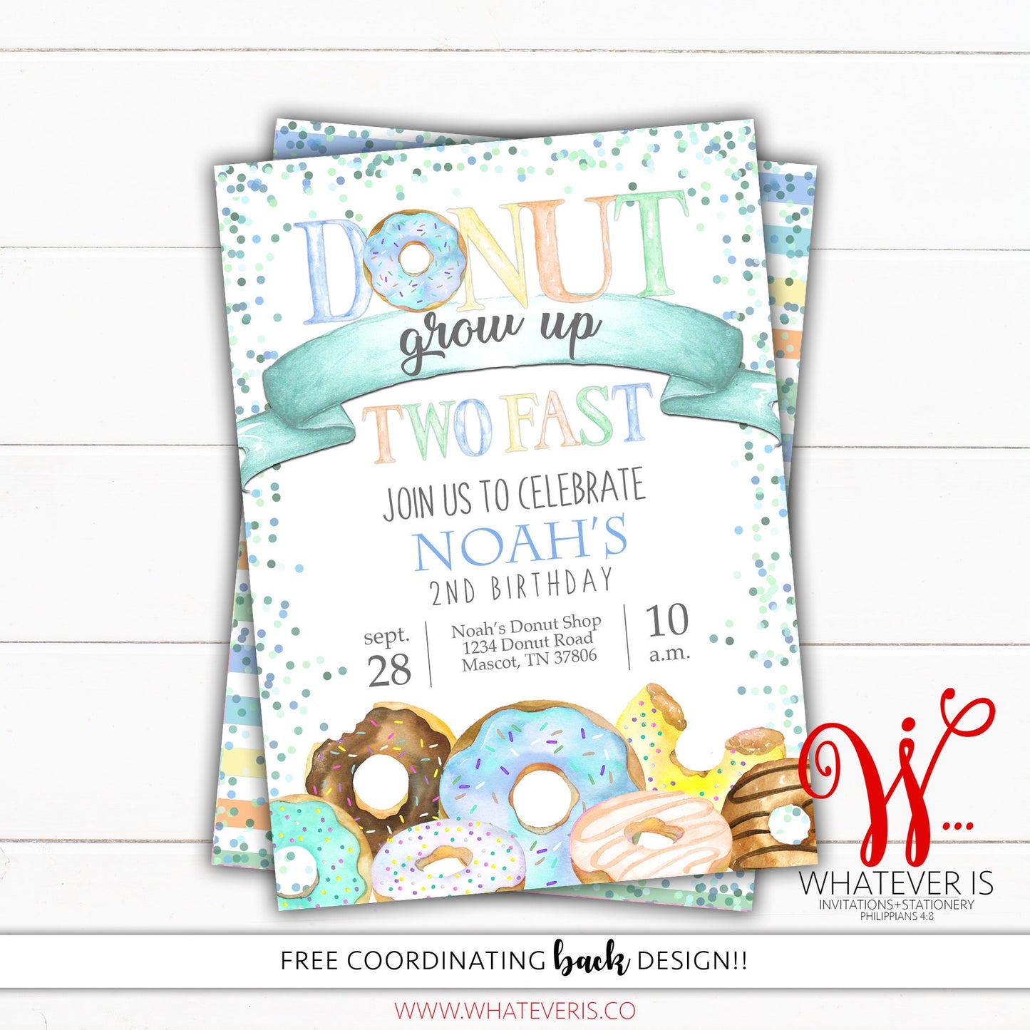Blue Donut Grow Up Two Fast Birthday Invitation