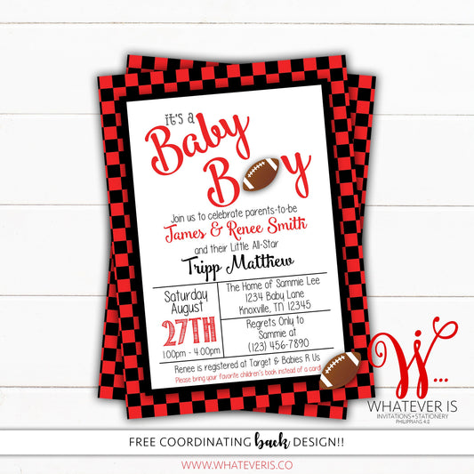 Football Baby Shower Invitation | Sport Baby Shower | College Football Baby Shower | Georgia Baby Shower | Bulldogs | Black and Red Football
