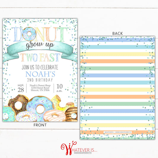 Blue Donut Grow Up Two Fast Birthday Invitation