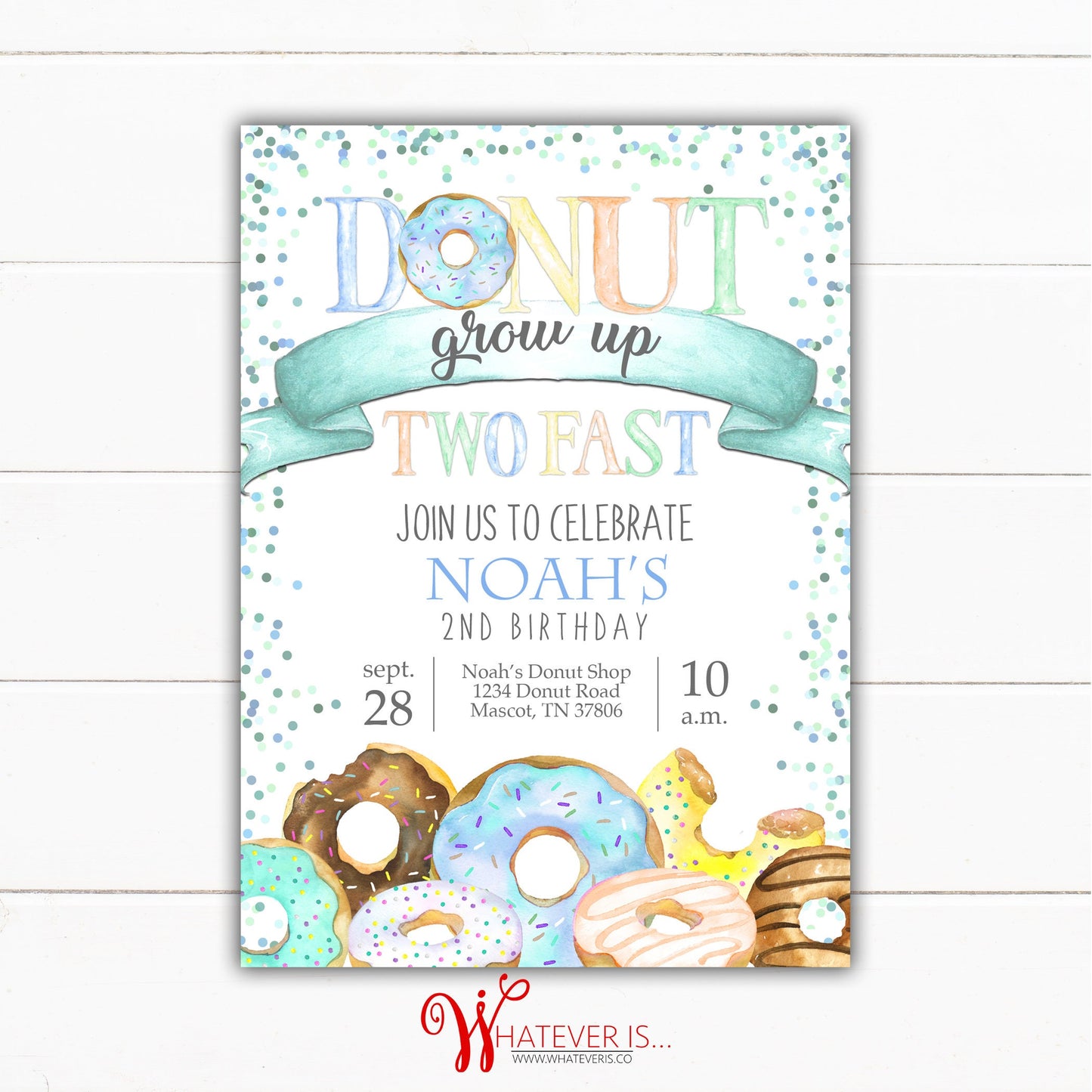 Blue Donut Grow Up Two Fast Birthday Invitation