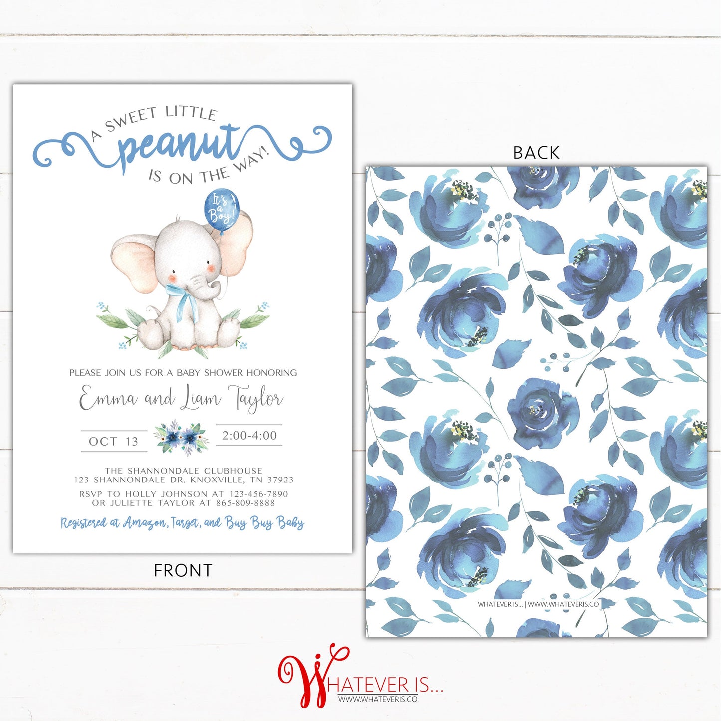 Baby Boy Blue Floral Elephant Baby Shower Printable Invitation