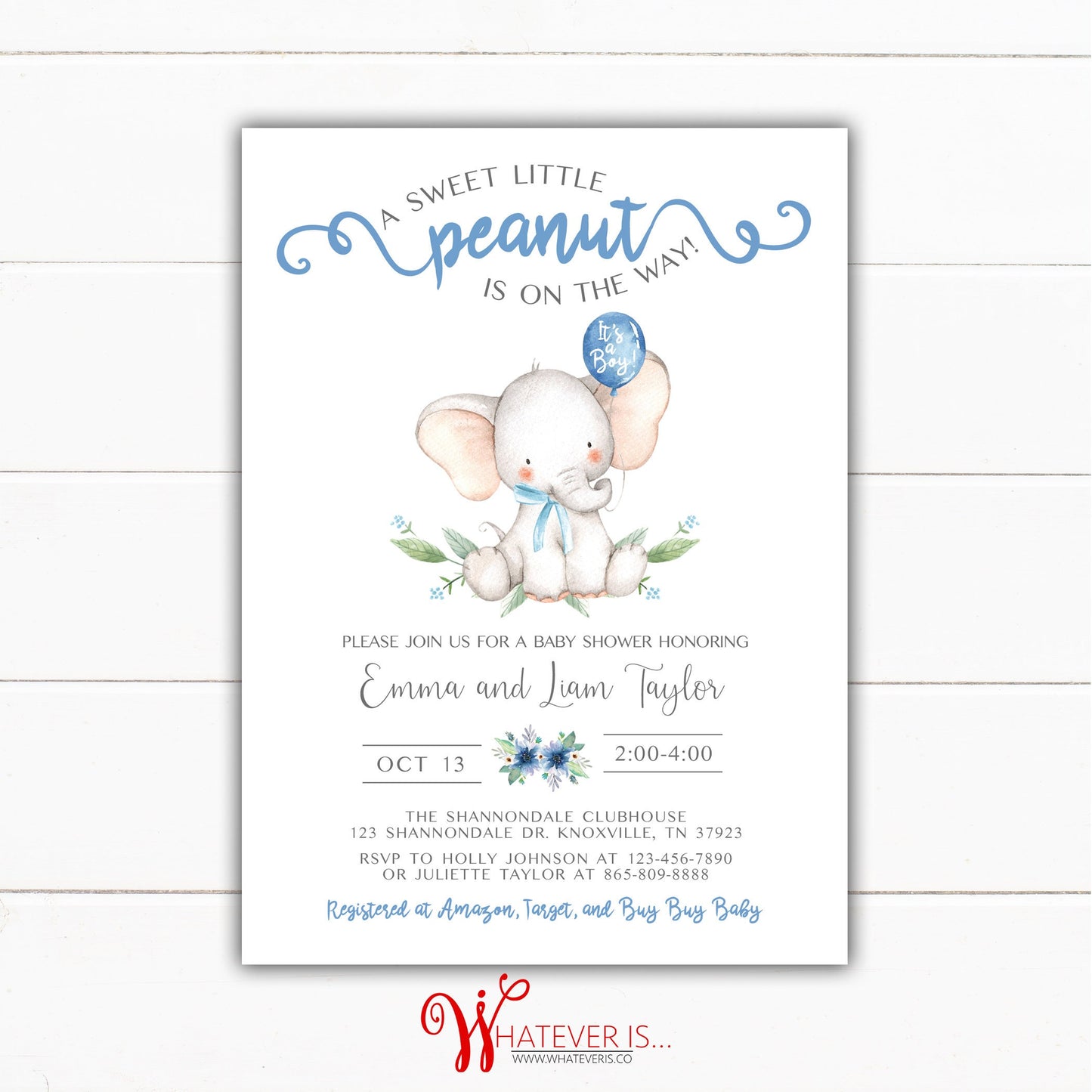 Baby Boy Blue Floral Elephant Baby Shower Printable Invitation