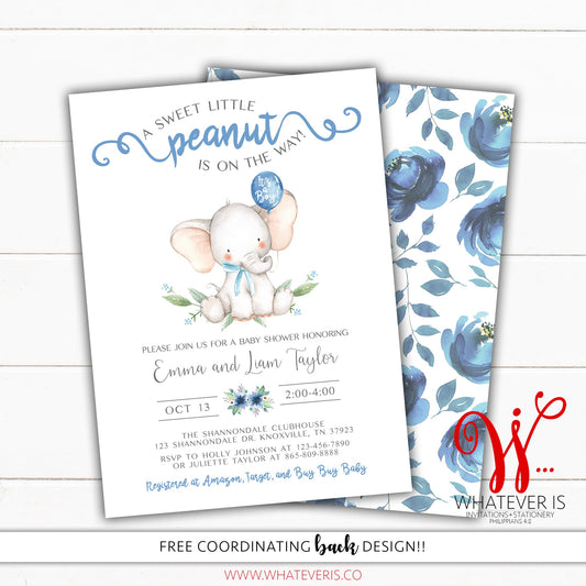 Baby Boy Blue Floral Elephant Baby Shower Printable Invitation