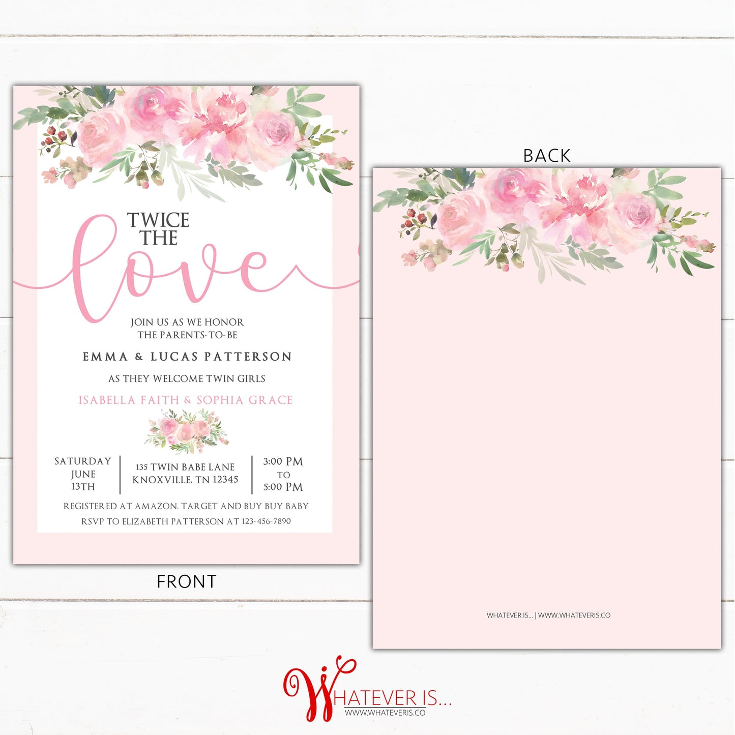 Twice the Love Twin Baby Girl Pink Floral Baby Shower Invitation | Pink Floral Twin Baby Shower | Shabby Chic Floral Baby Shower Invitation