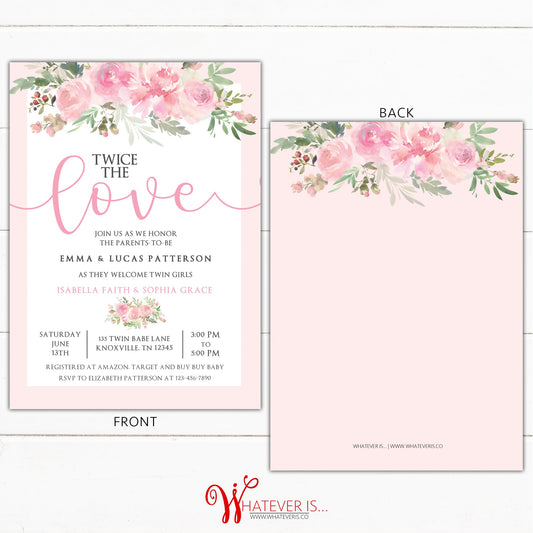 Twice the Love Twin Baby Girl Pink Floral Baby Shower Invitation | Pink Floral Twin Baby Shower | Shabby Chic Floral Baby Shower Invitation