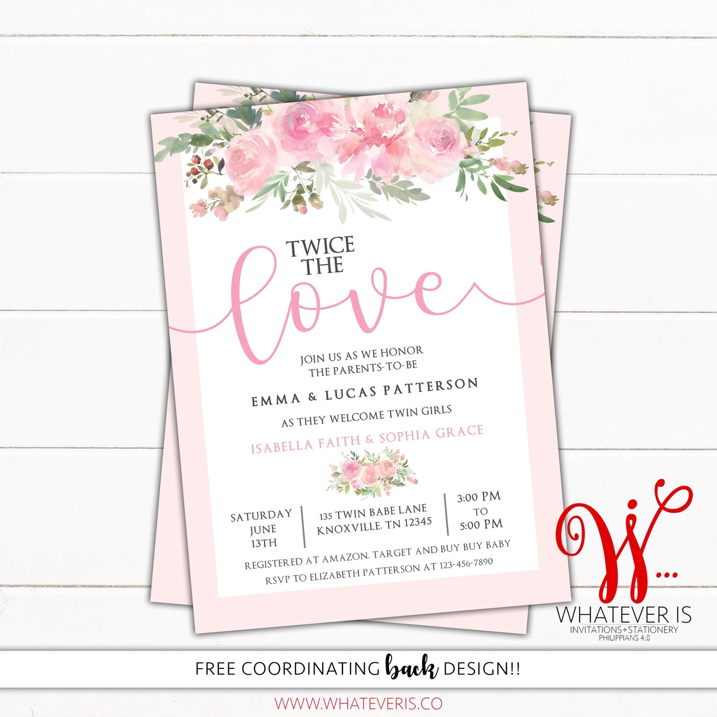 Twice the Love Twin Baby Girl Pink Floral Baby Shower Invitation | Pink Floral Twin Baby Shower | Shabby Chic Floral Baby Shower Invitation