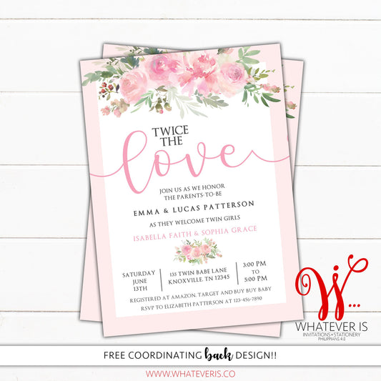 Twice the Love Twin Baby Girl Pink Floral Baby Shower Invitation | Pink Floral Twin Baby Shower | Shabby Chic Floral Baby Shower Invitation