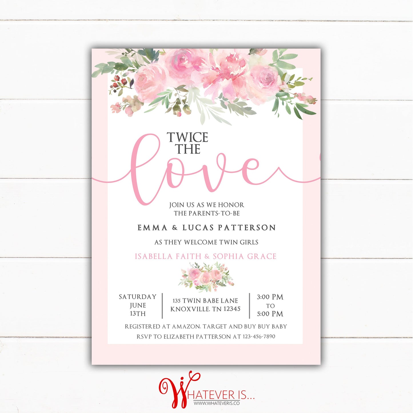 Twice the Love Twin Baby Girl Pink Floral Baby Shower Invitation | Pink Floral Twin Baby Shower | Shabby Chic Floral Baby Shower Invitation