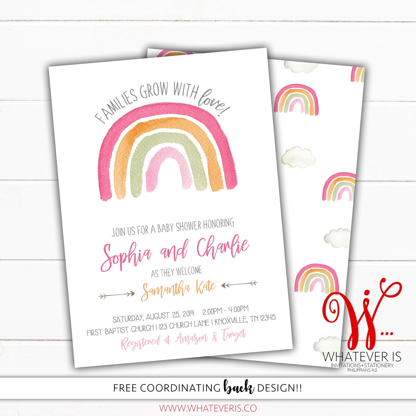 Pink Rainbow Girl Baby Shower Invitation | Pink Baby Shower | Rainbow Baby Shower | Baby Girl Pink Baby Shower Invitation | Printed Invites