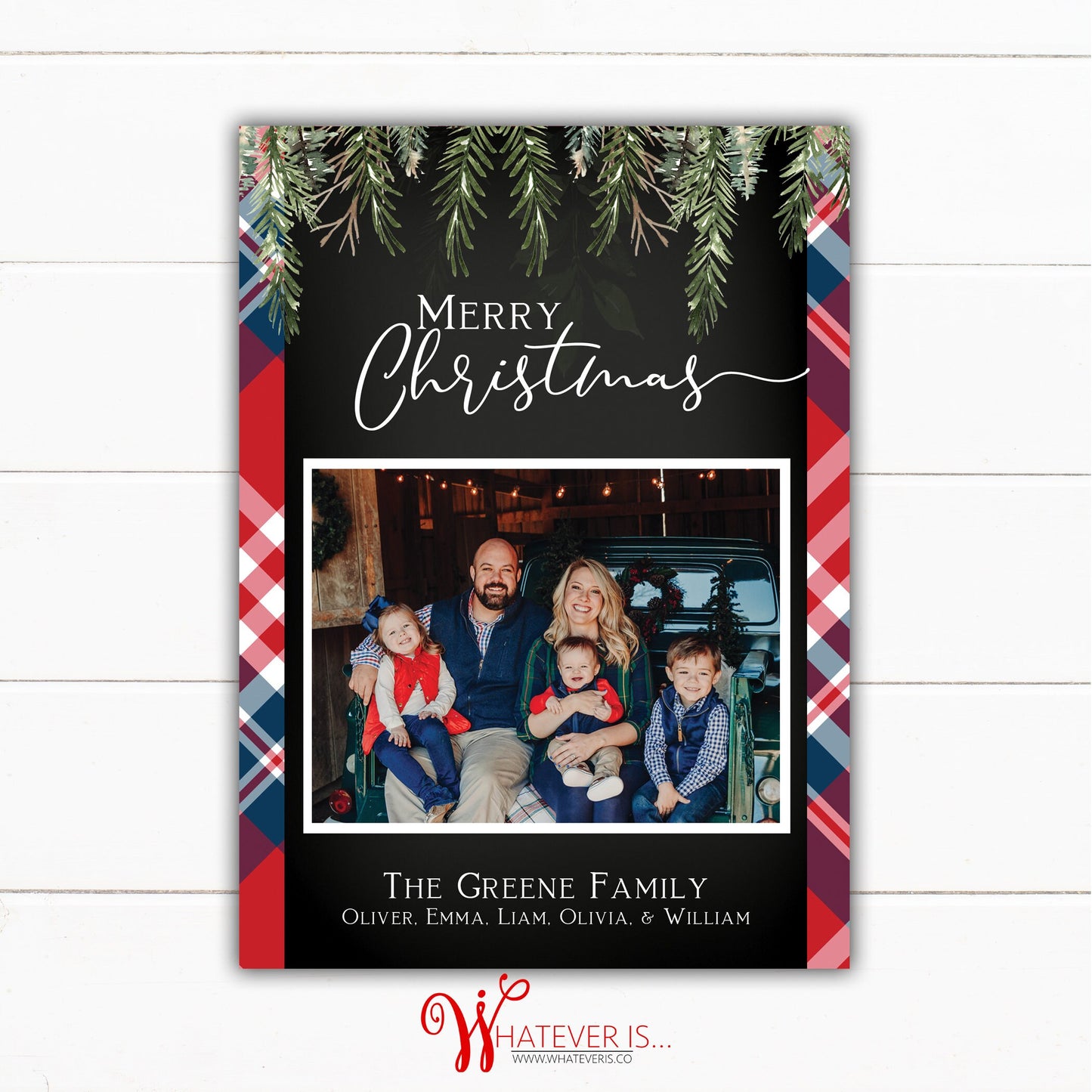 Red and Blue Plaid Family Picture Christmas Card