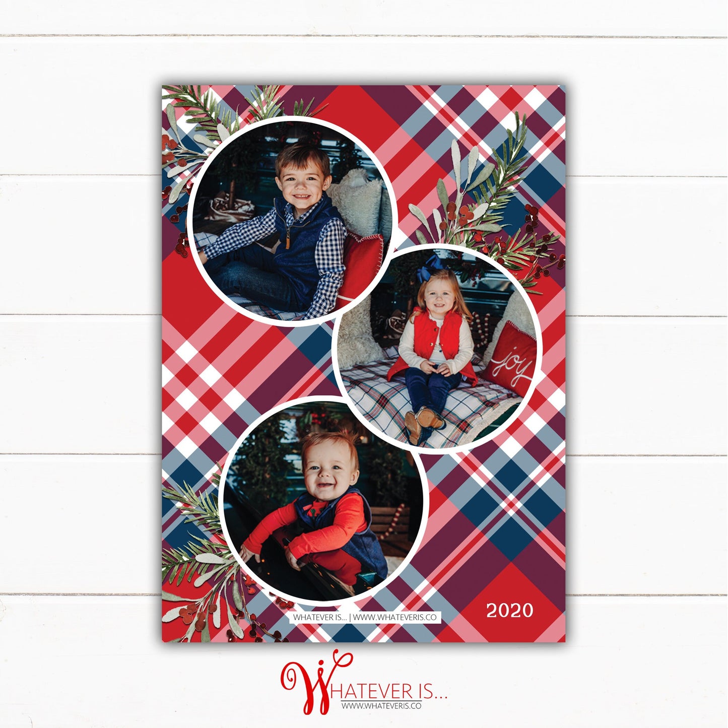Red and Blue Plaid Family Picture Christmas Card