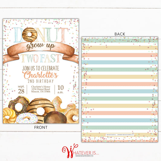 Neutral Donut Grow Up TWO Fast Birthday Invitation