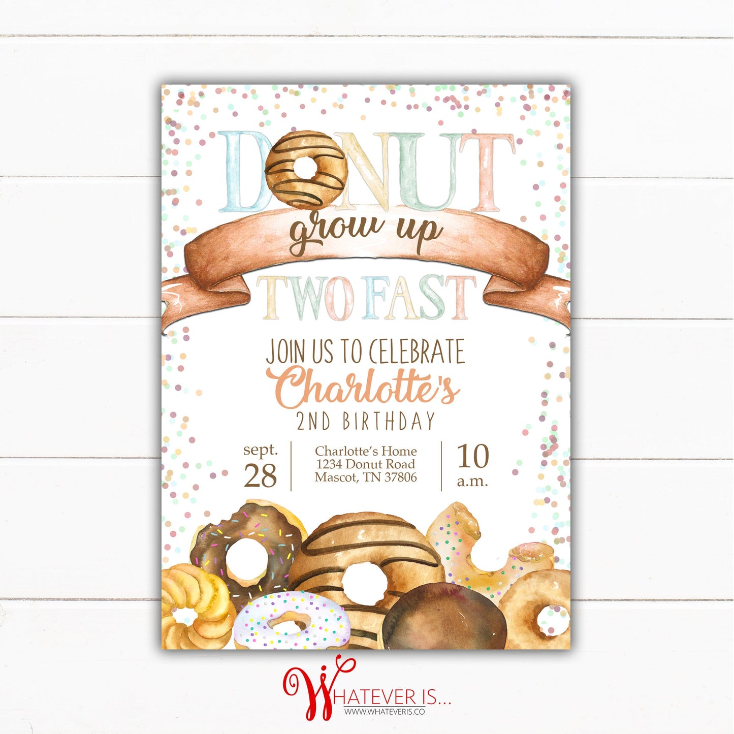 Neutral Donut Grow Up TWO Fast Birthday Invitation