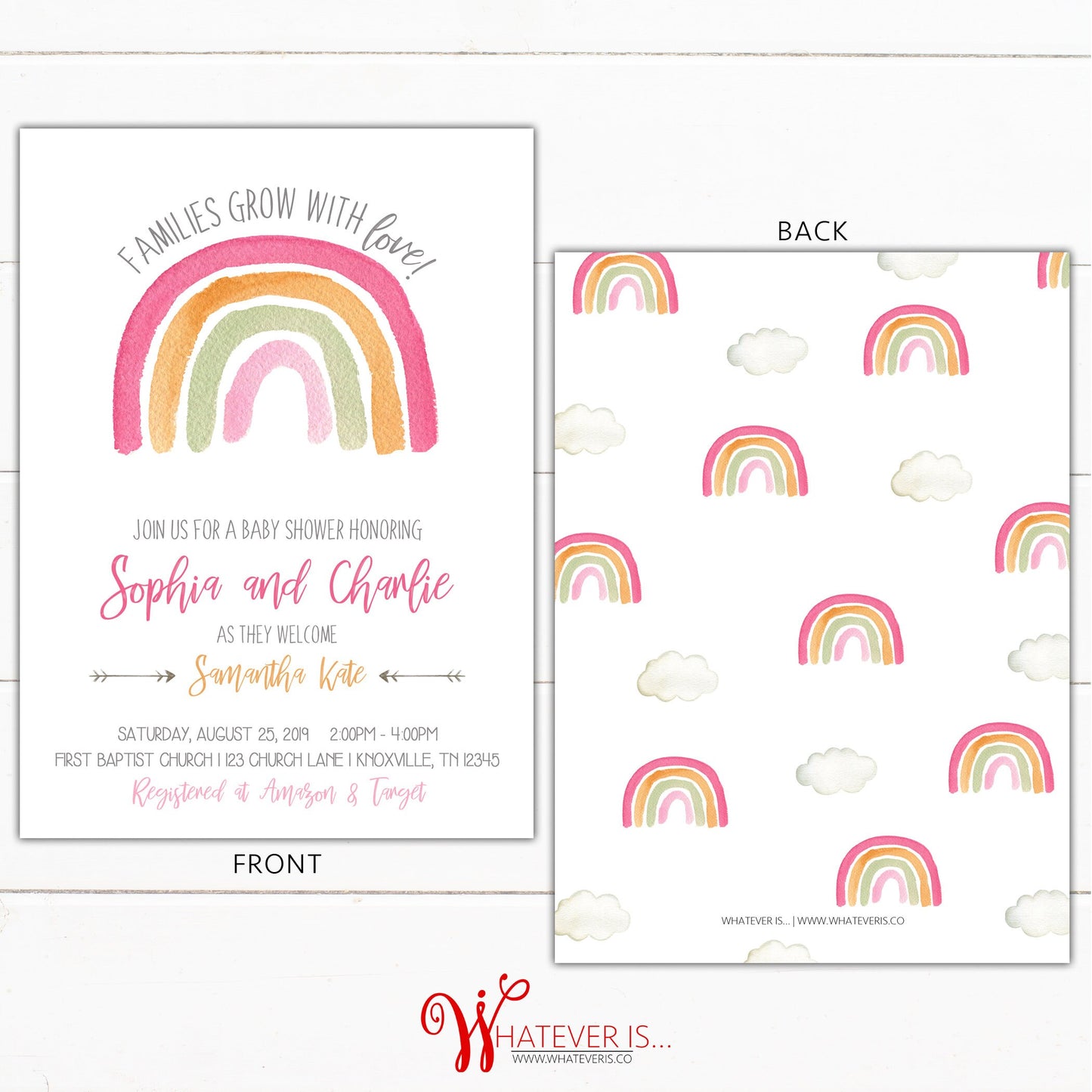 Pink Rainbow Girl Baby Shower Invitation | Pink Baby Shower | Rainbow Baby Shower | Baby Girl Pink Baby Shower Invitation | Printed Invites