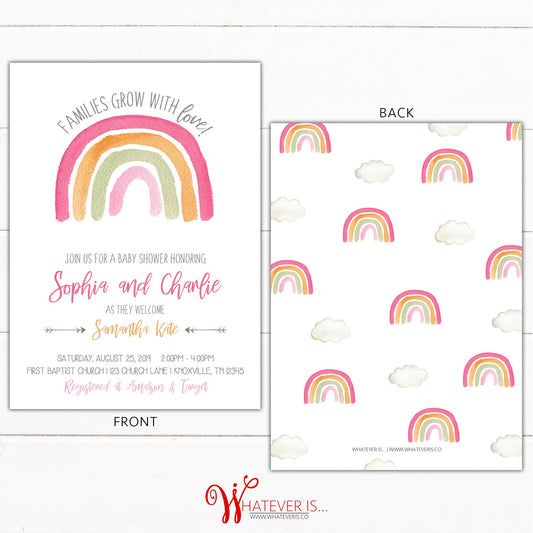 Pink Rainbow Girl Baby Shower Invitation | Pink Baby Shower | Rainbow Baby Shower | Baby Girl Pink Baby Shower Invitation | Printed Invites