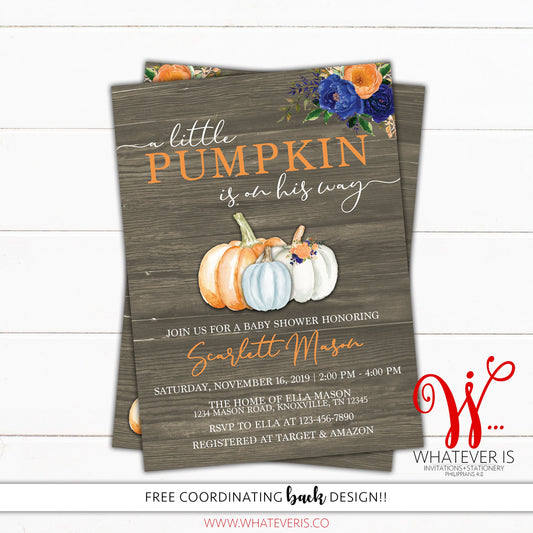 Little Pumpkin Baby Shower Invitation | Fall Baby | Rustic Watercolor Floral | Rustic Fall Baby Shower Invitation | Printable Invitations