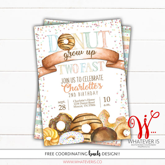 Neutral Donut Grow Up TWO Fast Birthday Invitation