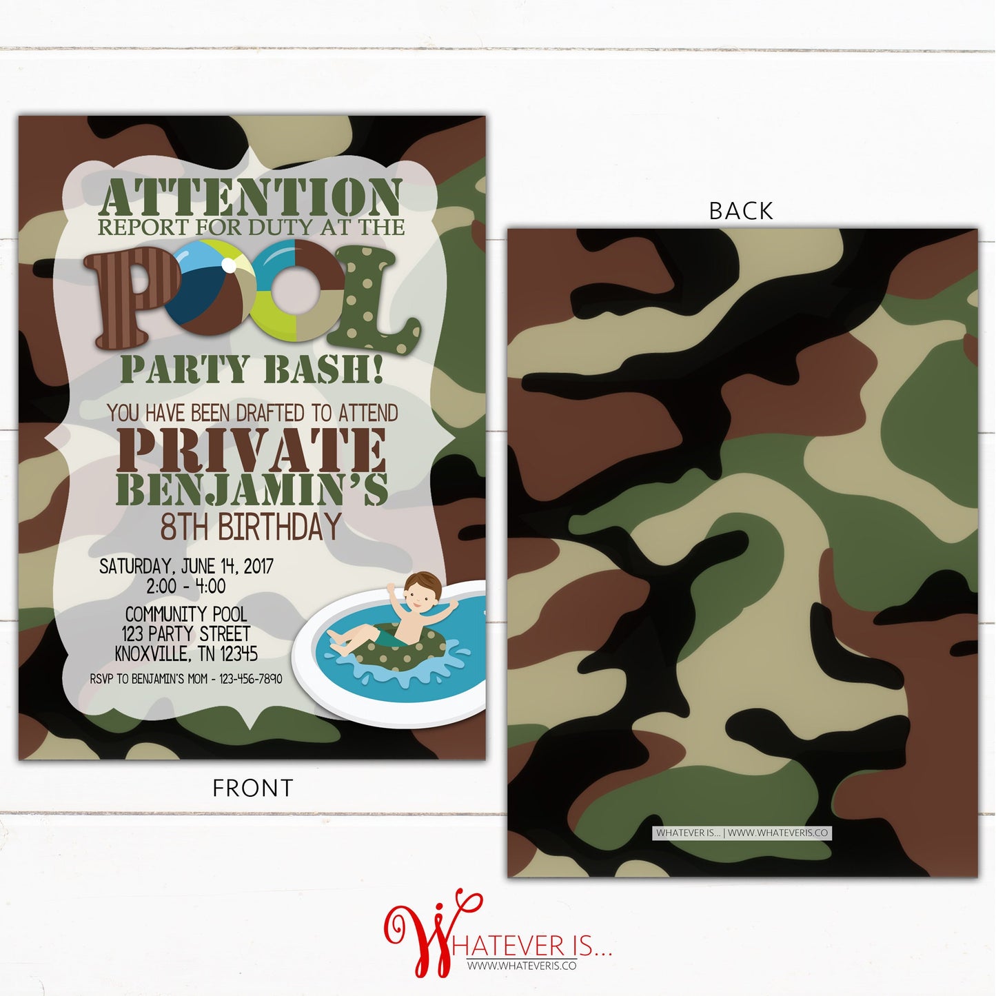 EDITABLE Army Pool Party Bash Birthday Printable Invitation