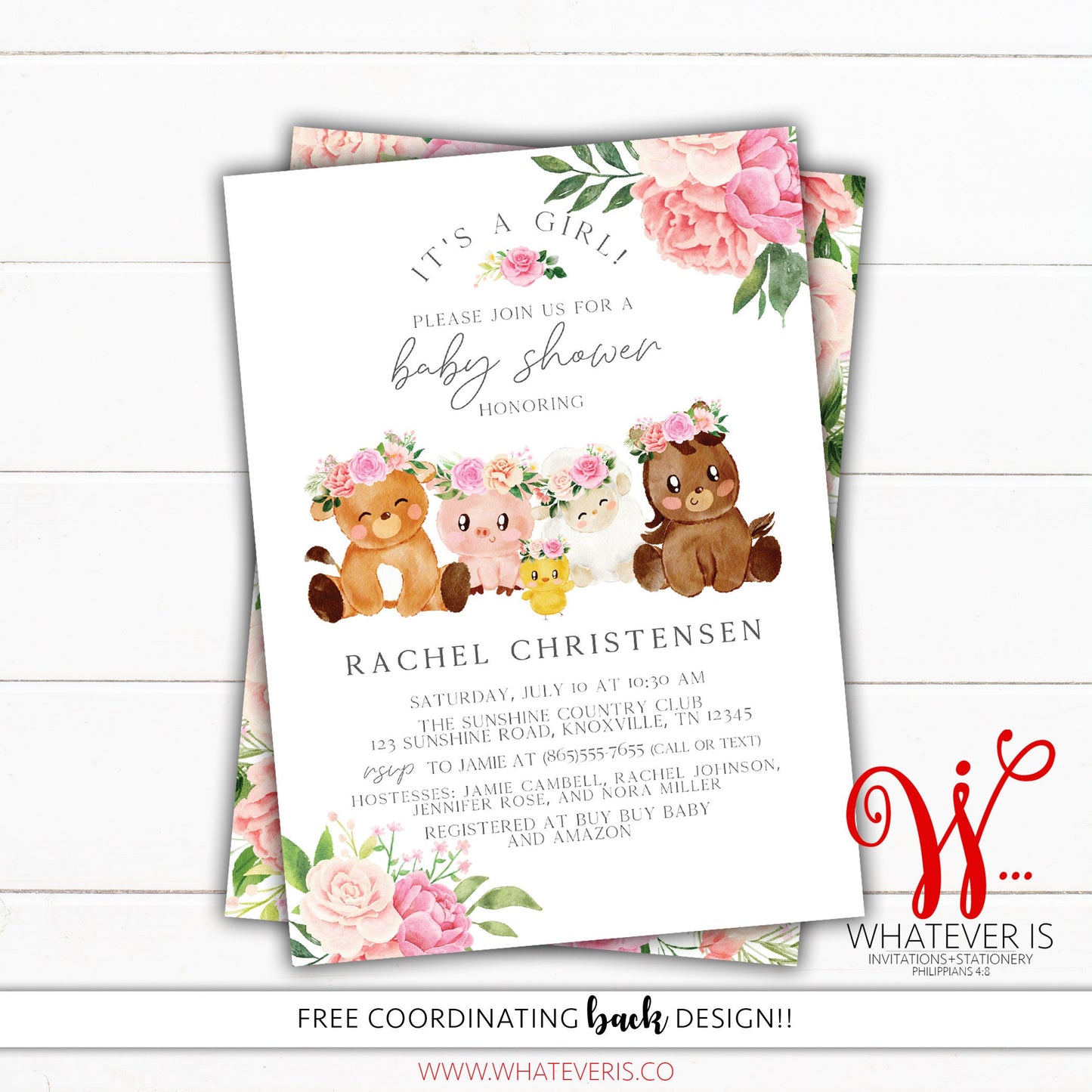 Farm Animal Baby Shower Invitation | Pink Floral Farm Animal Baby Shower | Girl Farm Animal Baby Shower | Barnyard Baby Shower | Baby Girl