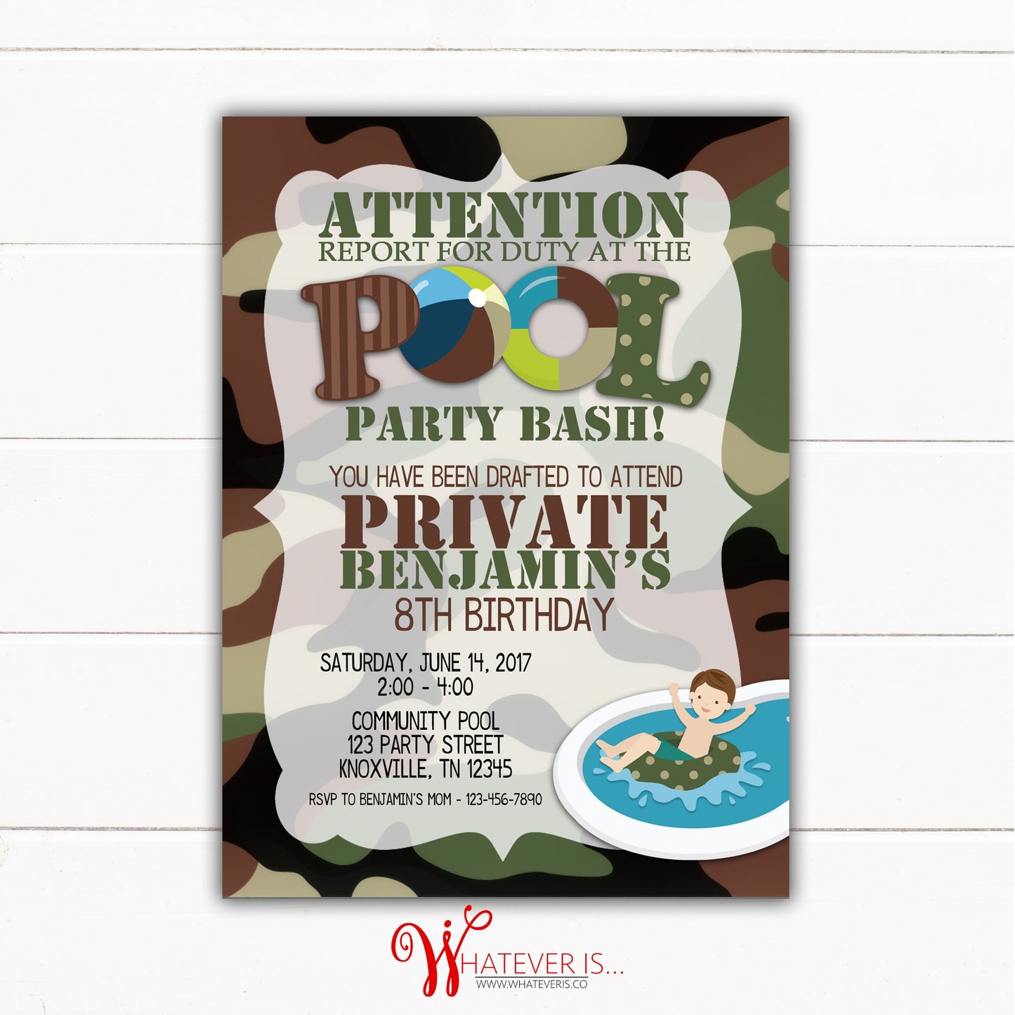 Army Pool Party Bash Birthday Printable Invitation