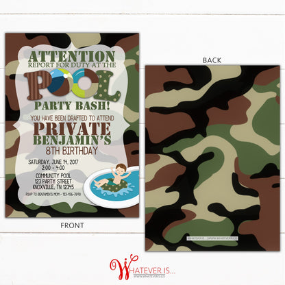 Army Pool Party Bash Birthday Printable Invitation