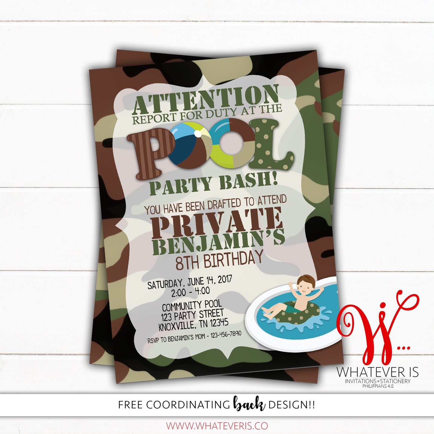 Army Pool Party Bash Birthday Printable Invitation