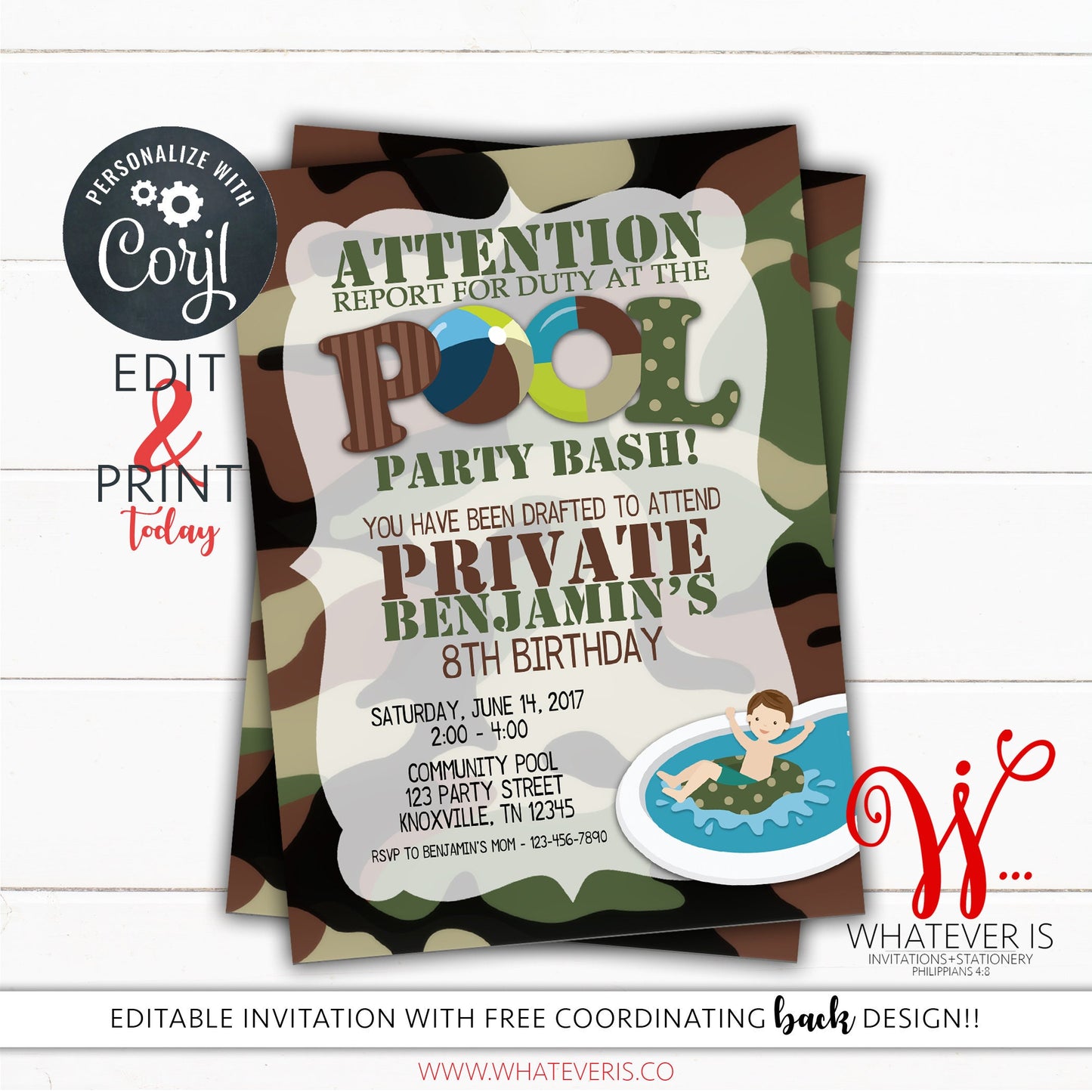 EDITABLE Army Pool Party Bash Birthday Printable Invitation