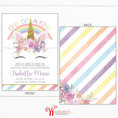 One of a Kind Unicorn 1st Birthday Invitation | Unicorn Birthday Invitation | First Birthday | Pastel Rainbow | Pastel Florals | Pastel Gold