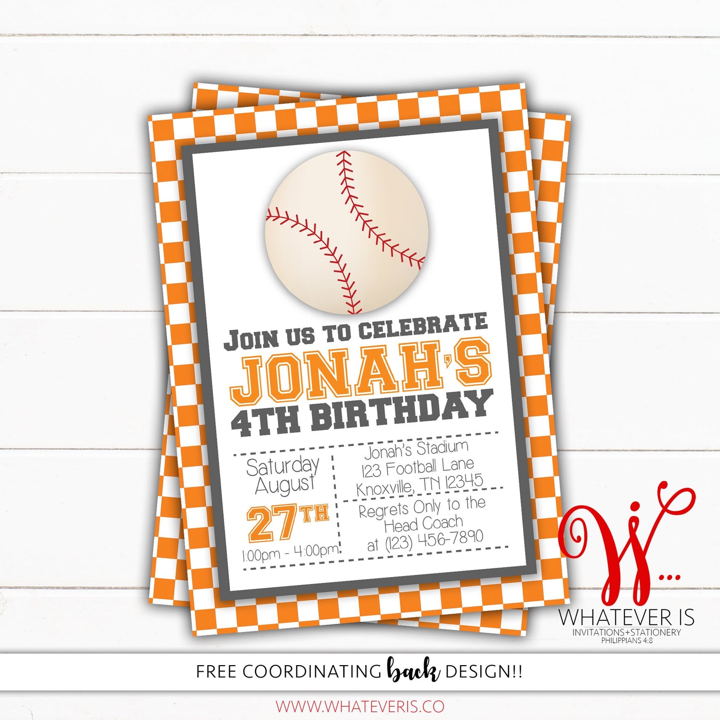Orange & White Baseball Birthday Party Invitation