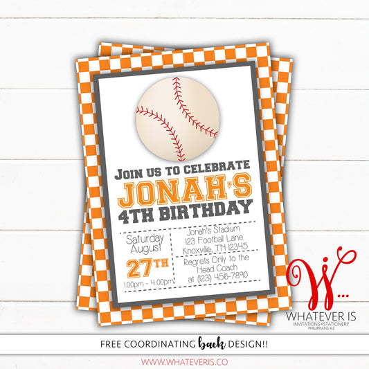 Orange & White Baseball Birthday Party Invitation | Baseball Birthday Party | Tennessee Baseball | Boy Birthday Party Invitation | Baseball