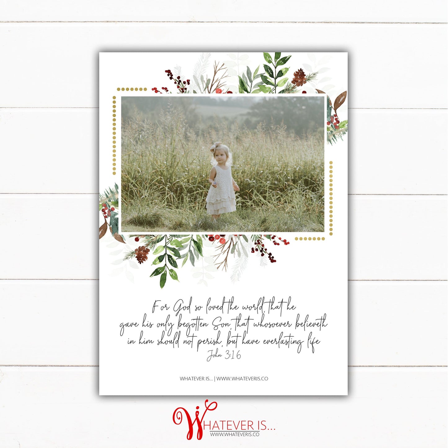 Floral and Gold John 3:16 Family Picture Christmas Card