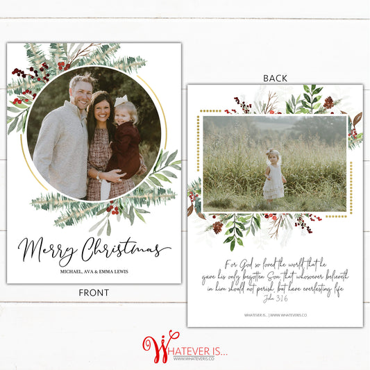 Floral and Gold John 3:16 Family Picture Christmas Card
