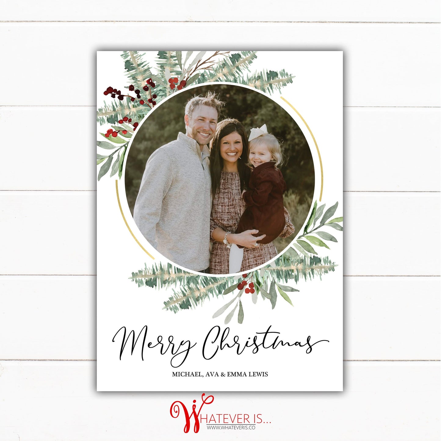 Floral and Gold John 3:16 Family Picture Christmas Card