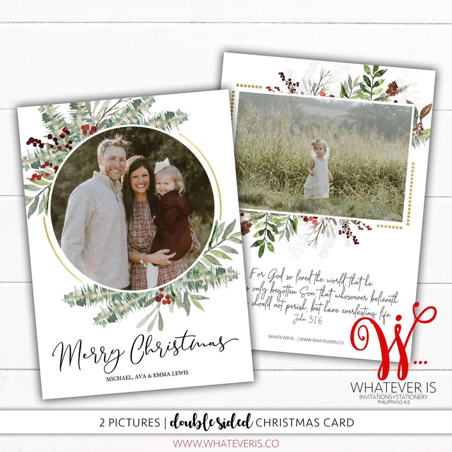 Floral and Gold John 3:16 Family Picture Christmas Card