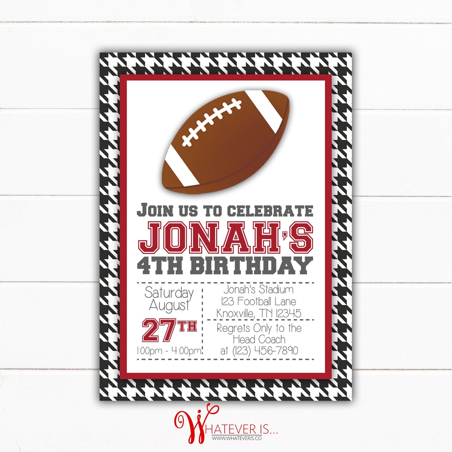 Houndstooth Football Birthday Invitation | Alabama Football Birthday Invitation | Boy Birthday Party Invitation | Alabama Crimson Tide